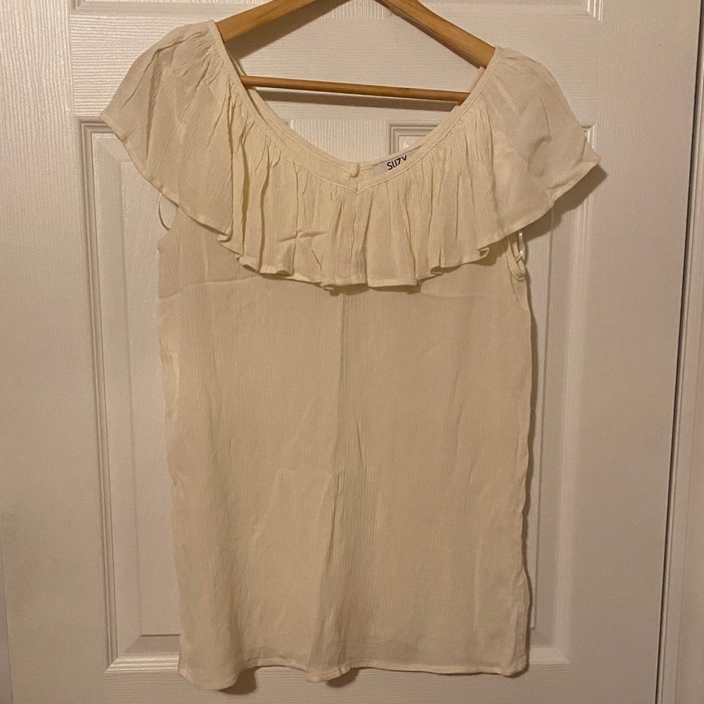 Suzy Shier Cream Ruffle Blouse